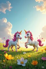 Obraz premium Happy unicorn friends playing in a rainbow meadow, unicorn, cartoon