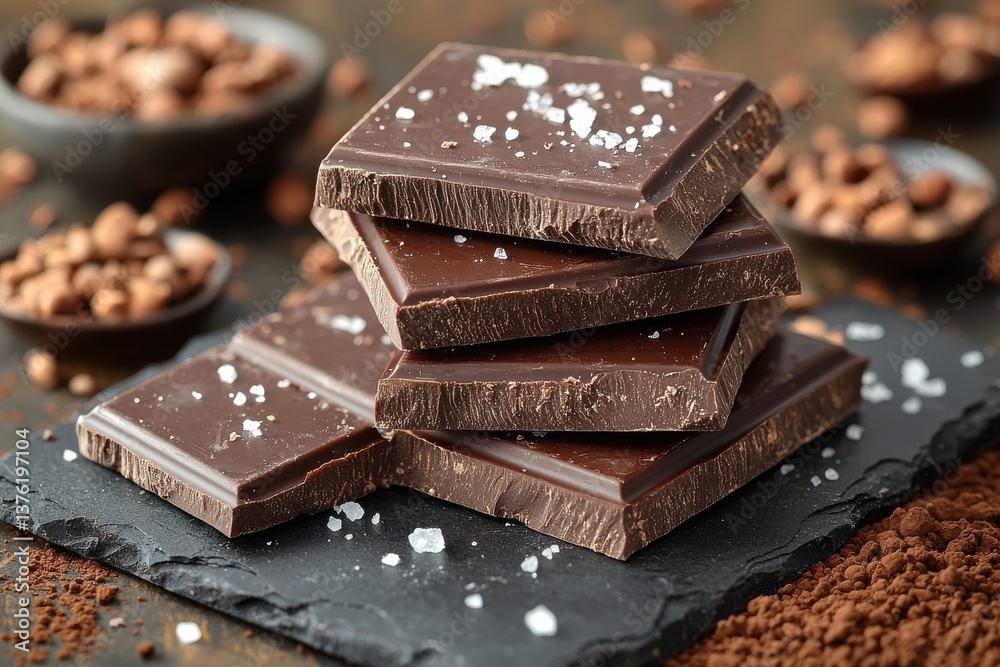 Aufkleber Dark chocolate squares with salt on a textured slate surface surrounded by cocoa nibs and powder