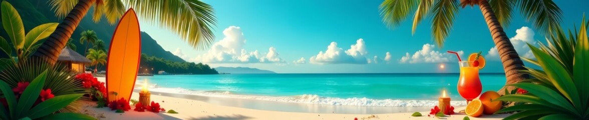 Obraz premium Hawaiian beach party with palm trees, surfboards, tiki torches, and cocktails, festive, summer, celebration