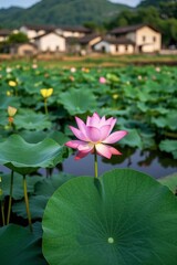 lotus flower in a pond with many green leaves and houses in the background