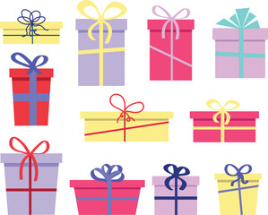 Happy Birthday! Merry Christmas! Gifts decorated with bows and ribbons. Heap of bright gift boxes. Delicate colors. Collection of wrapped gifts isolated on background. Shopping and selling. eps 10