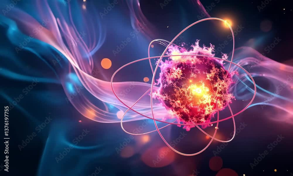 Poster exploring the beauty of atomic structures with vibrant colors and dynamic energy patterns in a capti