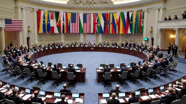High angle view of a large group of international delegates and diplomats engaging in discussions at a round table, adorned with flags from various nations, during a world peace summit