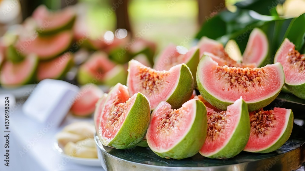 Poster guava slices displayed at a buffet table during an outdoor tropical event