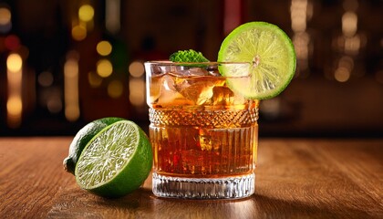 refreshing rum drink with lime on a wooden bar