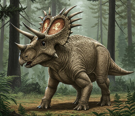 Fototapeta premium Styracosaurus, a herbivore with a frill and long spikes protruding from the neck frill. It also had horns above its eyes and on its snout