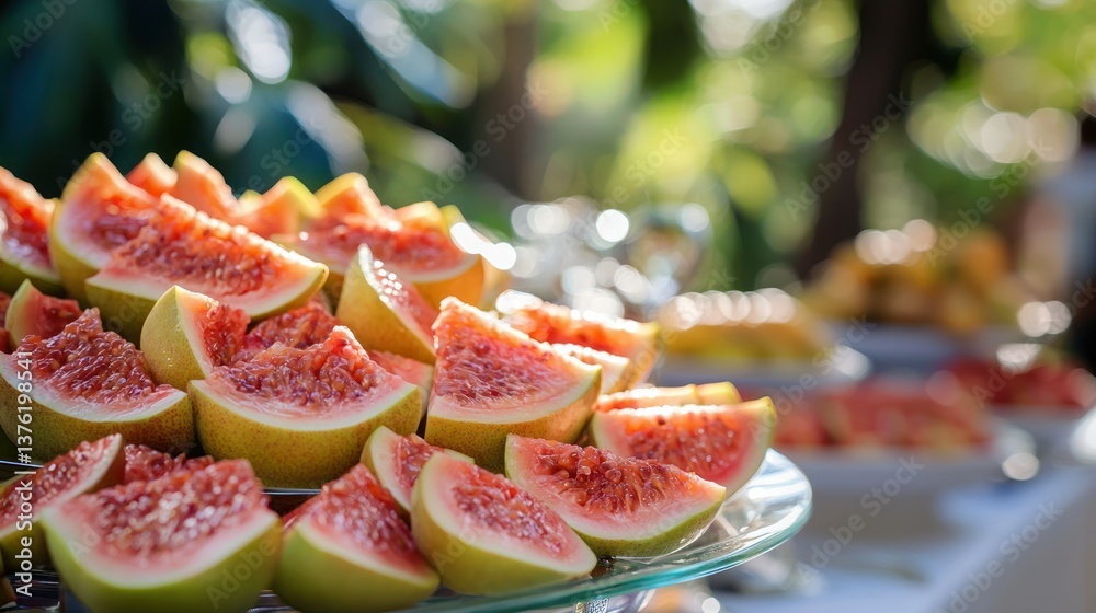 Poster guava slices displayed at a buffet table during an outdoor tropical event