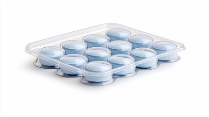 Eleven pastel blue aromatherapy melts in a clear plastic container ready to be released