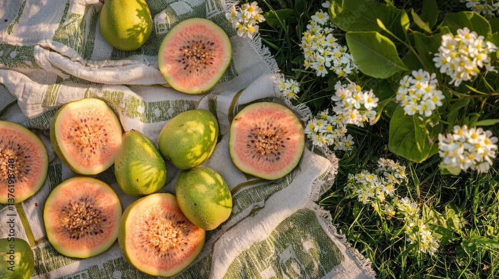 Poster guava slices laid out on a picnic blanket in a field surrounded by wildflowers and greenery.