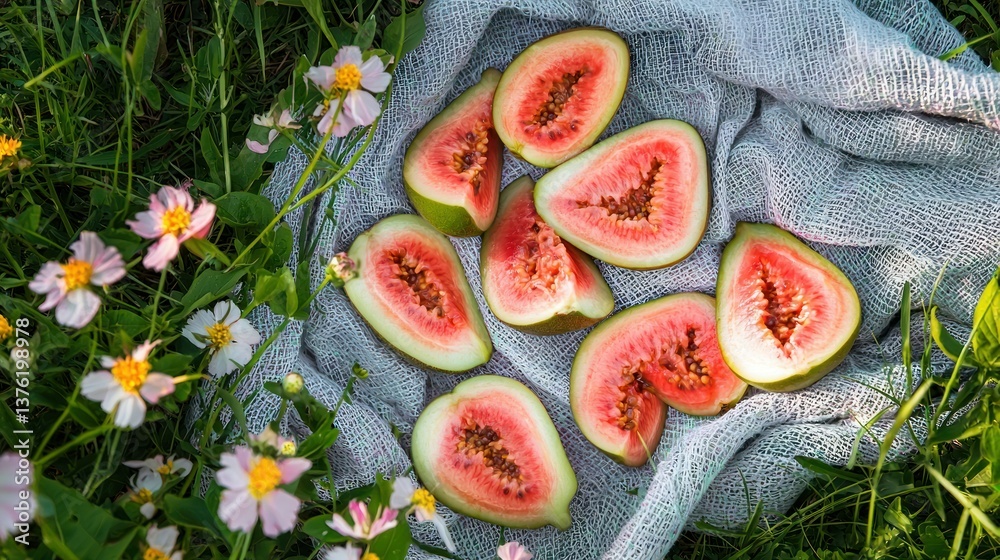 Poster guava slices laid out on a picnic blanket in a field surrounded by wildflowers and greenery.