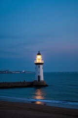 arafed lighthouse on a beach with a blue sky and water