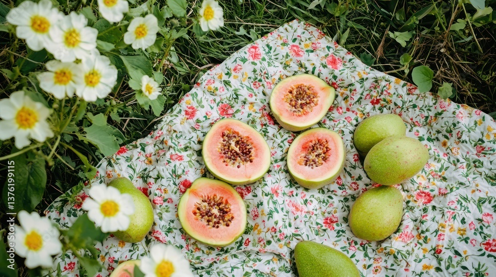 Poster guava slices laid out on a picnic blanket in a field surrounded by wildflowers and greenery.