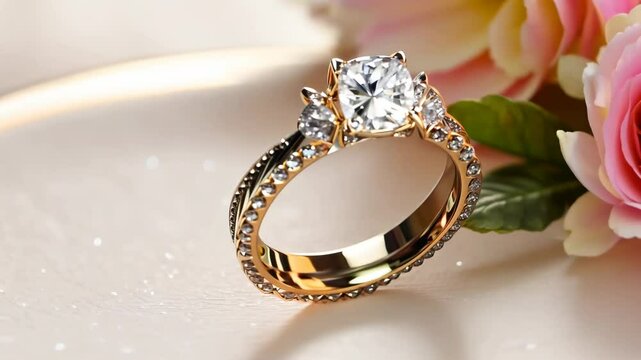 A gold and diamond ring with a rose on the side. The rose is pink. The ring is on a white plate