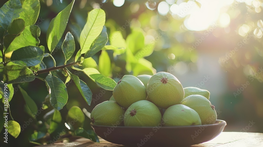 Poster guavas in a minimalist outdoor setting, surrounded by soft sunlight and greenery