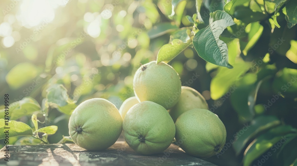Poster guavas in a minimalist outdoor setting, surrounded by soft sunlight and greenery