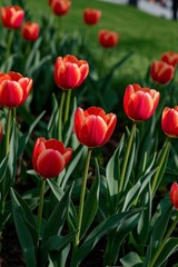 Obraz premium there are many red tulips in a field of green grass