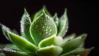 Fototapeta premium close up of dewy green succulent vibrant macro photography on dark background with natural light