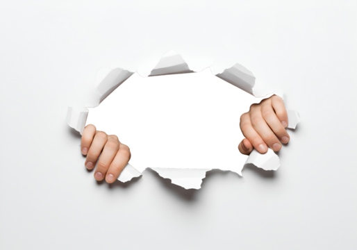 "Breakthrough: Hands Tearing Through White Paper with Dramatic 3D Effect"