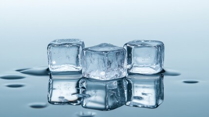 Three clear ice cubes on reflective surface. illustration