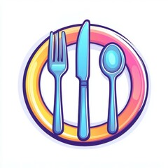 Colorful illustration of cutlery on a plate featuring a fork, knife, and spoon for a dining experience