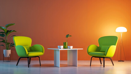 A serene moment of quiet contemplation in a vibrant living space, two lime-green armchairs facing each other under warm, orange light.