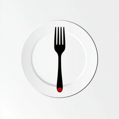 Minimalist design featuring a black fork on a white plate with a red accent