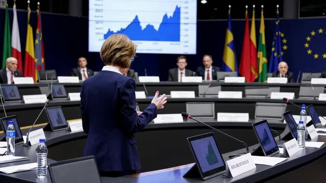 Female politician presenting data and discussing political matters at european parliament plenary session, with flags of european union member states displayed in the background