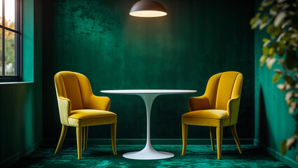 A sophisticated tete-a-tete: two mustard velvet chairs flanking a white tulip table against a deep green wall, bathed in soft light.