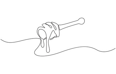 Obraz premium Honey dripping from honey dipper, continuous line drawing, Continuous one line drawing of honey dripping from a wooden honey dipper isolated on white background.