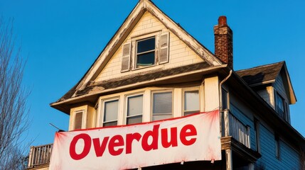 Obraz premium Building with overdue sign displayed prominently against clear blue sky during late afternoon