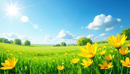 Idyllic spring meadow with bright yellow flowers under blue sky, Springtime, Blooming, Flora