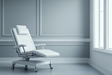 Modern medical exam room with a reclining chair near a large window in soft natural light