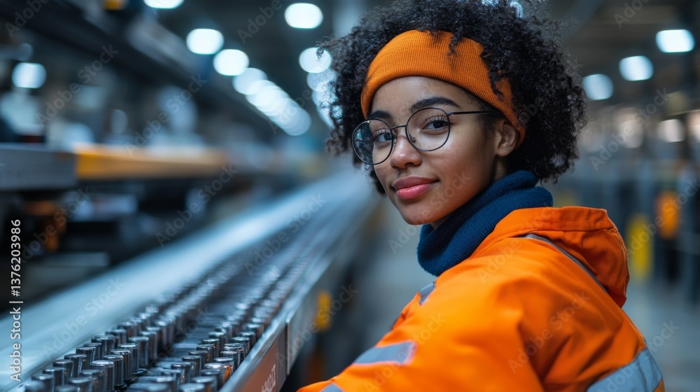 Leinwandbilder a young female worker with curly hair and glasses stands in a logistics center, attentively monitori