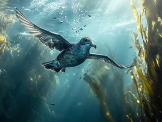 Shearwater Diving Into Kelp Forest Underwater with Sunlight Beams