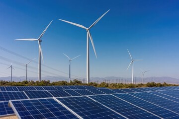 Renewable energy landscape featuring solar panels and wind turbi