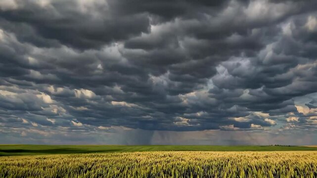 Dramatic stormy clouds formation over golden wheat field at dusk