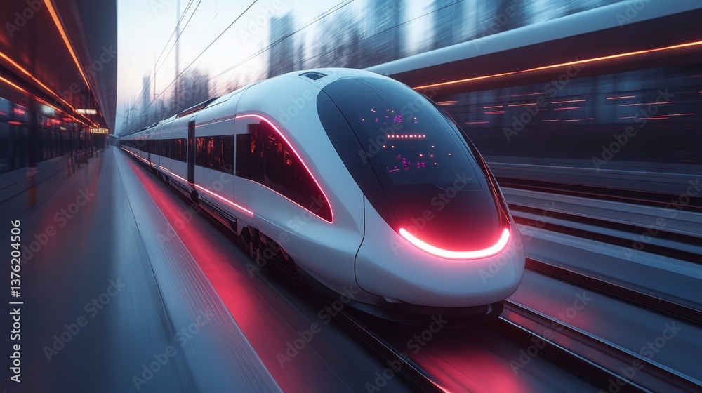 Poster a futuristic smart train rapidly approaches the station, illuminated by vibrant lights, highlighting