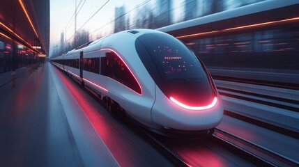Fototapeta premium A futuristic smart train rapidly approaches the station, illuminated by vibrant lights, highlighting advancements in automation and urban mobility solutions for efficient transportation.