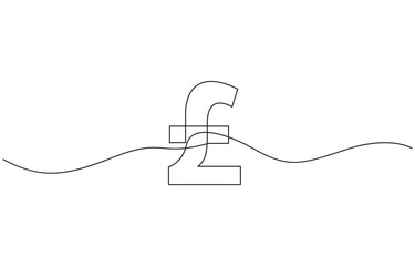 Obraz premium Continuous line drawing of pound sterling symbol. Line art of pound coin sign, British pound. One line continuous British money isolated on white background. Line art, outline, vector illustration.