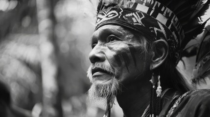 Gawai Dayak. Indigenous elder with traditional headdress and face paint in natural setting