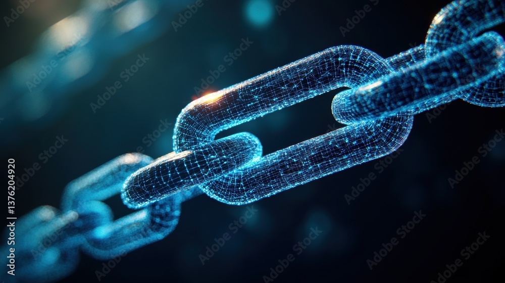Aufkleber Close-up view of a glowing blue chain link symbolizing security and connection through a digital network of interconnected points representing blockchain technology