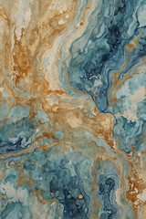 Naklejka premium Abstract fluid art texture in blue, turquoise, and ochre tones. Swirling marbled pattern resembling ocean waves and desert sands. Artistic background with organic movement and natural palette.