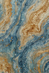 Abstract fluid art texture in blue, turquoise, and ochre tones. Swirling marbled pattern resembling ocean waves and desert sands. Artistic background with organic movement and natural palette.
