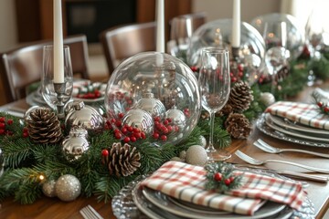 Festive Holiday Table Arrangement With Glass Ornaments and Natural Decorations