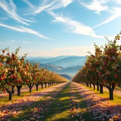 Serene Apple Orchard with Majestic Mountains