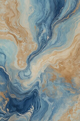 Abstract fluid art texture in blue, turquoise, and ochre tones. Swirling marbled pattern resembling ocean waves and desert sands. Artistic background with organic movement and natural palette