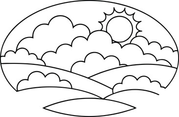 Line Art of Sun with Clouds over Hills Landscape in Oval on White Background
