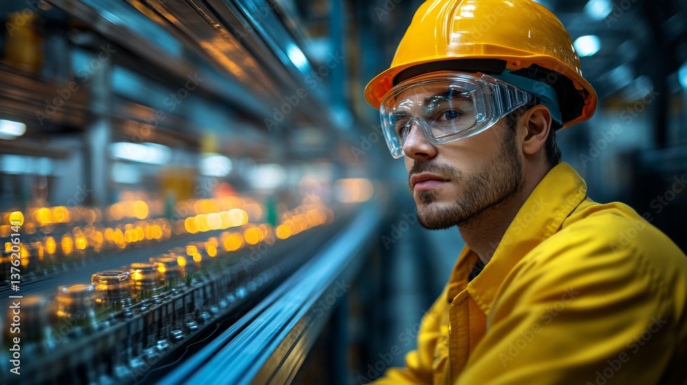 Leinwandbilder A worker in safety gear closely monitors an advanced automated assembly line at a logistics center, ensuring efficient operations during the evening shift.