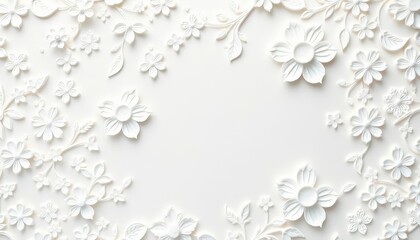 Intricate white paper floral carvings on a white wall, creating a delicate textured pattern, embroidery, modern