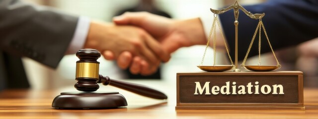 Two individuals engaged in mediation handshake with gavel and scales of justice on wooden table
